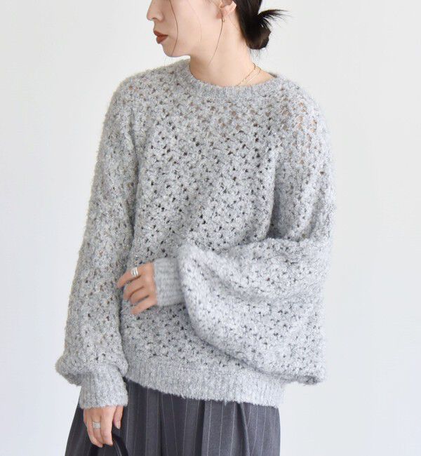 quaranciel「quaranciel:〈手洗い可能〉スパンコール レース編み クルーネック ドルマン ルーズ ニット」|ニット・セーター|