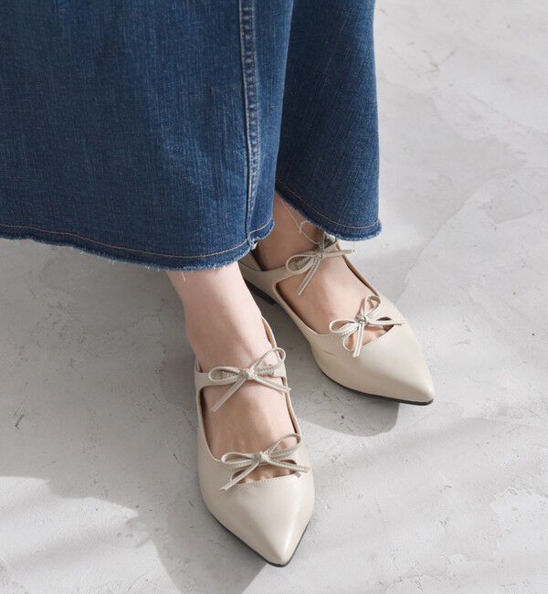 quaranciel「quaranciel: リボン ポインテッド トゥ フラット シューズ」|パンプス|ベージュ