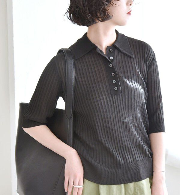 quaranciel「quaranciel:〈手洗い可能〉シアー ラメ ポロ リブ ニット プルオーバー」|ニット・セーター|ブラック