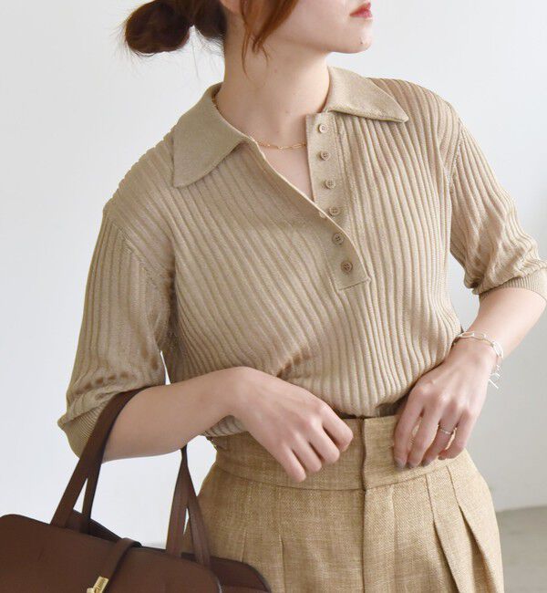 quaranciel「quaranciel:〈手洗い可能〉シアー ラメ ポロ リブ ニット プルオーバー」|ニット・セーター|