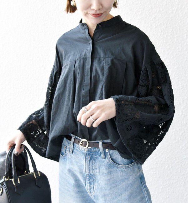 SHIPS any「SHIPS any:〈手洗い可能〉パッチワーク レース スリーブ バンドカラー シャツ」|シャツ・ブラウス|