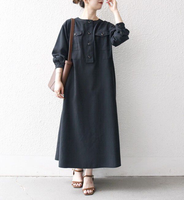 SHIPS any「SHIPS any:〈洗濯機可能〉ピーチスキン クルーネック ポケット フレア ワンピース」|ワンピース|ブラック