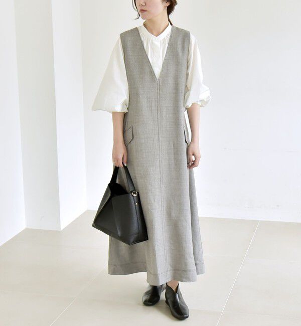 quaranciel「quaranciel:〈洗濯機可能〉ウーステッド ステッチワーク ポケット フレア Vネック ワンピース」|ワンピース|グレー