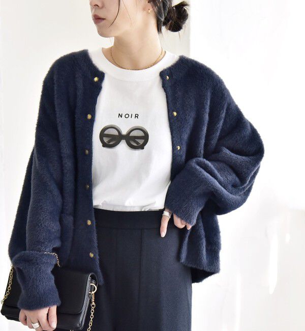 quaranciel「quaranciel:〈手洗い可能〉ファーライク クルーネック スナップ ニット カーディガン」|カーディガン|ネイビー