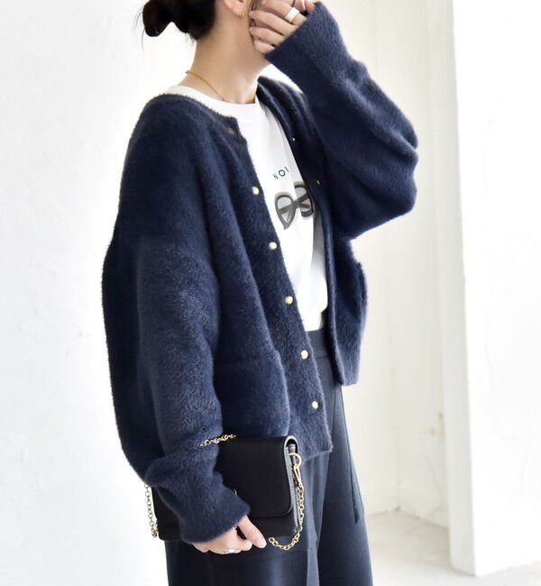 quaranciel「quaranciel:〈手洗い可能〉ファーライク クルーネック スナップ ニット カーディガン」|カーディガン|