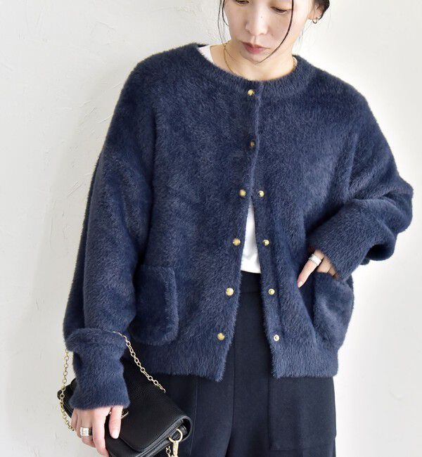 quaranciel「quaranciel:〈手洗い可能〉ファーライク クルーネック スナップ ニット カーディガン」|カーディガン|