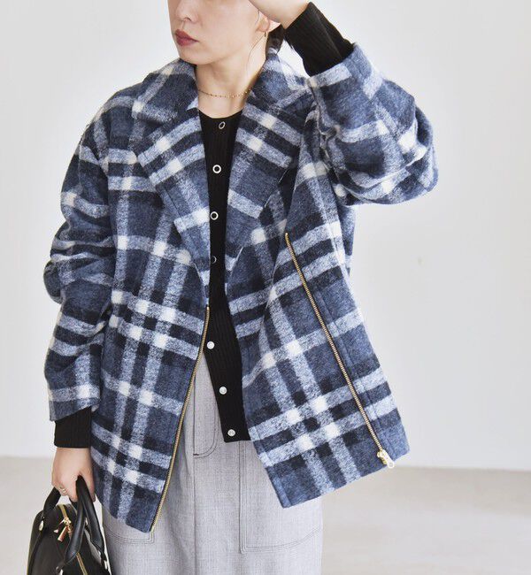 quaranciel「quaranciel: ボンディング チェック ライダース コート」|その他|ネイビー