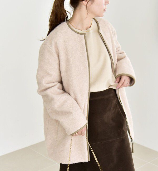 quaranciel「quaranciel: ノーカラー パイピング ジップ コート」|ノーカラーコート|