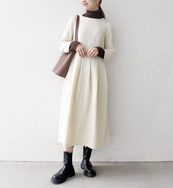 SHIPS any「SHIPS any:〈手洗い可能〉ジャカード ウエスト タック ノーカラー ワンピース［NAVY BLUE］」|ワンピース|ナチュラル