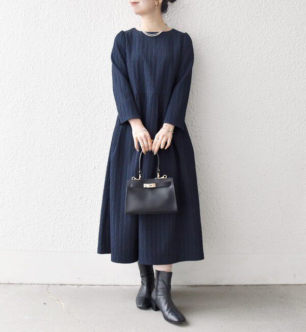 SHIPS any「SHIPS any:〈手洗い可能〉ジャカード ウエスト タック ノーカラー ワンピース［NAVY BLUE］」|ワンピース|