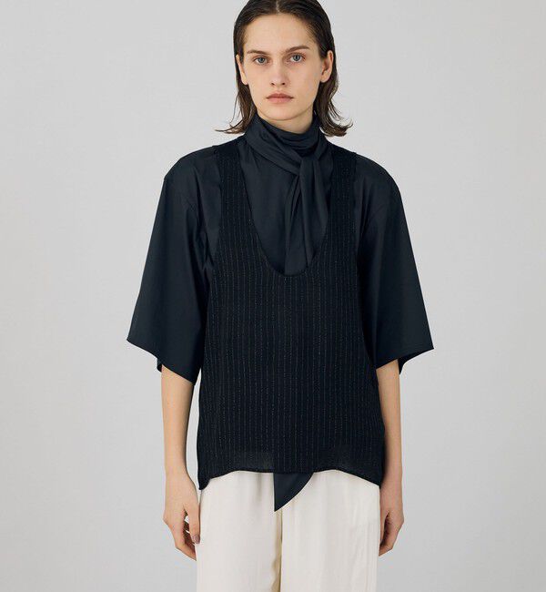 DES PRES「グリッターストライプ Uネックノースリーブブラウス」|シャツ・ブラウス|