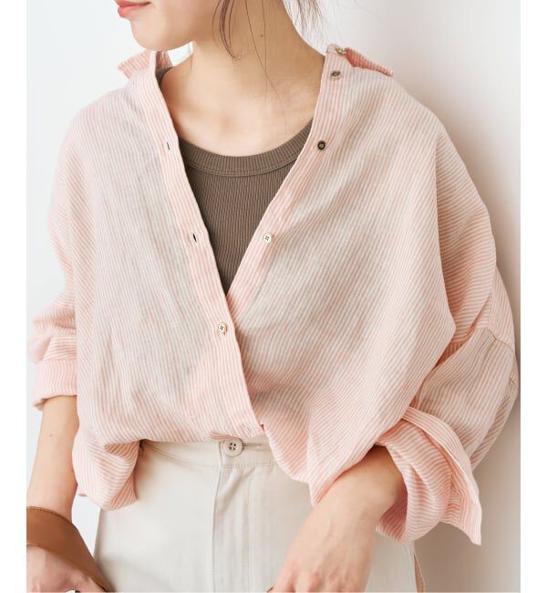 Spick and Span「《ゆったりサイズ》追加予約 80リネンカシュクール ビッグシャツ」|シャツ・ブラウス|ピンクベース