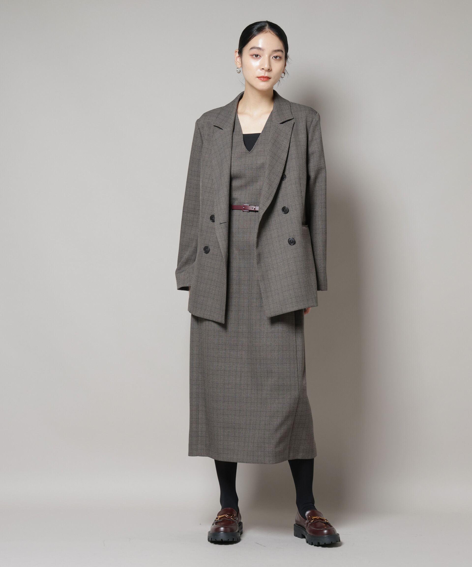 nano･universe「ストレッチサージチェックVネックワンピース(セットアップ可)」|ワンピース|