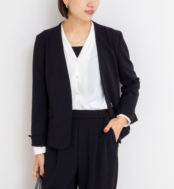 NOLLEY'S sophi「《セットアップ対応》ウォッシャブルカットジョーゼットノーカラージャケット」|ノーカラージャケット|ブラック