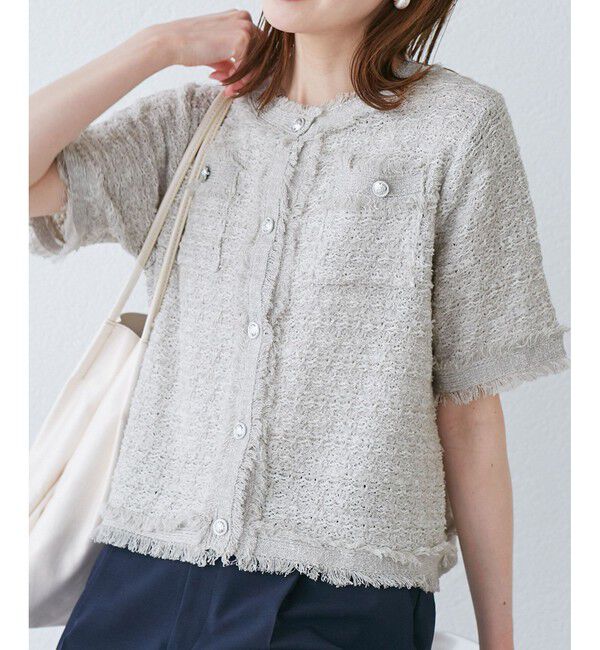 Rope&rsquo;Picnic「【サマー・ツイード】ハーフスリーブカーディガン」|カーディガン|ライトグレー(08)
