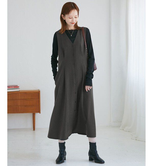 Rope&rsquo;Picnic「レディハンサムシリーズ ウールライクウエストタックジャンパースカート/セットアップ対応」|ワンピース|ブラック系(02)