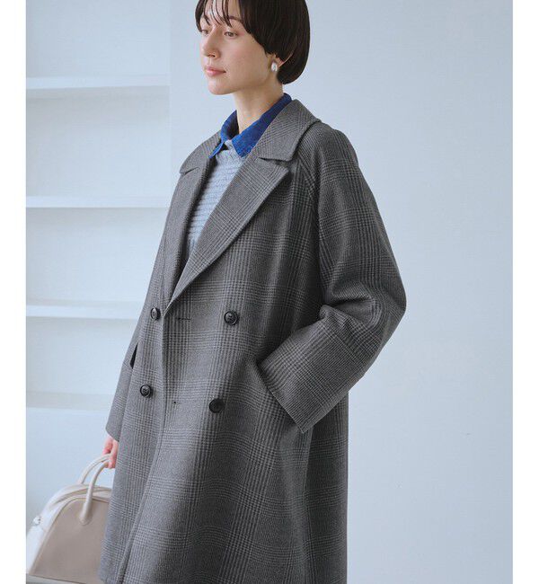Rope&rsquo;Picnic「ジャージメルトン無地＆チェックオーバーPコート/一部WEB限定カラー・リンクコーデ」|ピーコート|ブラック系(02)
