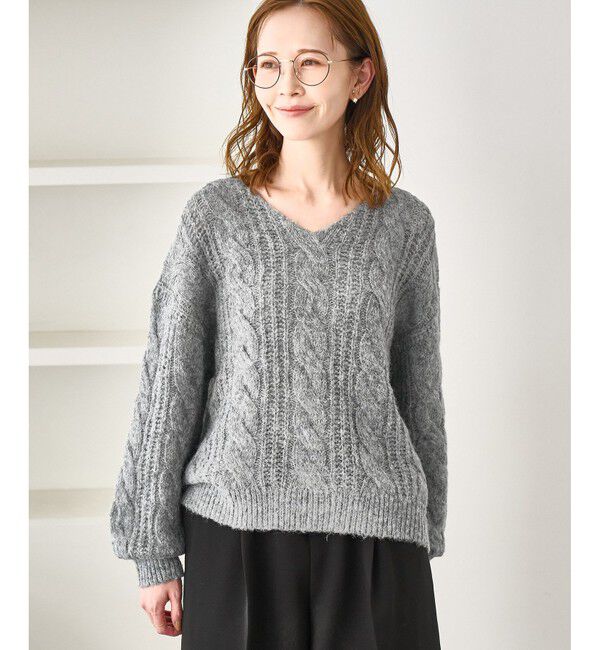 Rope&rsquo;Picnic「ゆるケーブル編みVネックニット」|ニット・セーター|グレー(07)