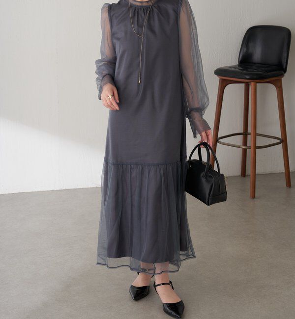  「【オケージョン】柄チュールワンピース」|ワンピース|グレー