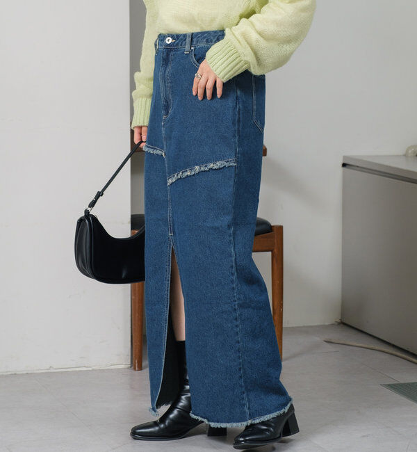  「【2サイズ展開】デニムロングスリットスカート」|スカート|ブルー