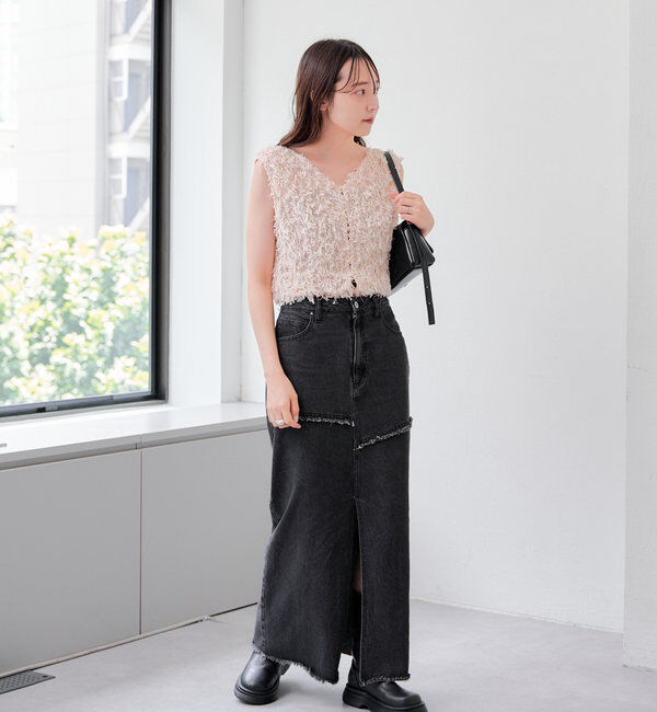  「【2サイズ展開】デニムロングスリットスカート」|スカート|