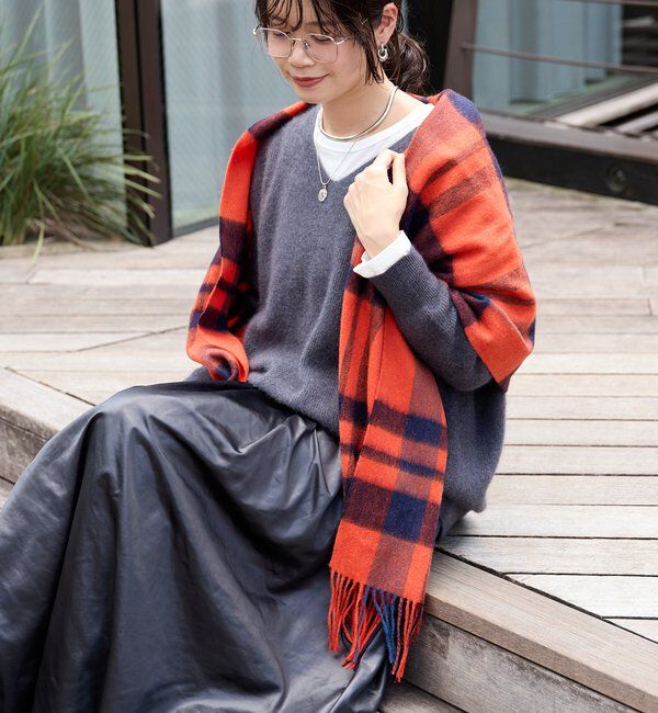  「【秋冬の差し色に】ウールカラーチェックストール」|ストール|オレンジ