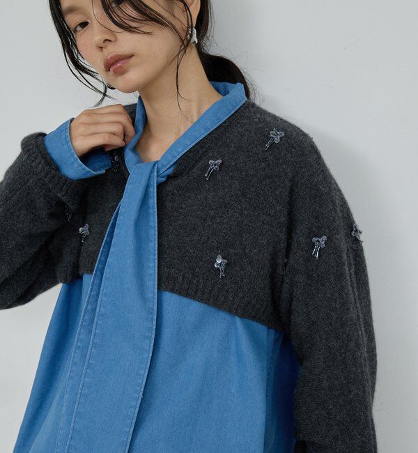  「【25th記念アイテム】ビジューショートVニット」|ニット・セーター|チャコールグレー