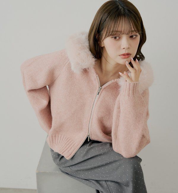  「【SALON by Chico】フードファーWジップニットカーディガン」|ニット・セーター|ピンク