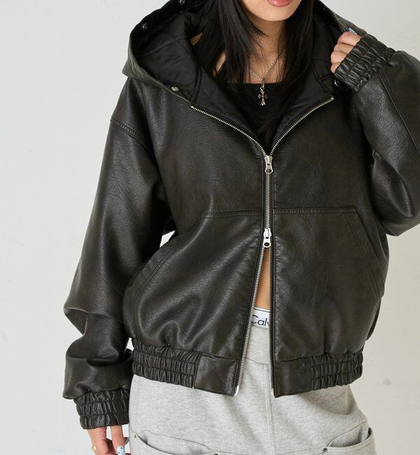  「【2way/ファー取り外し可能】ヴィンテージライクレザーファーフードブルゾン」|ブルゾン・スタジャン|