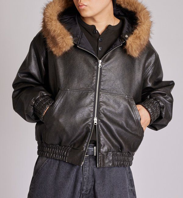  「【2way/ファー取り外し可能】ヴィンテージライクレザーファーフードブルゾン」|ブルゾン・スタジャン|