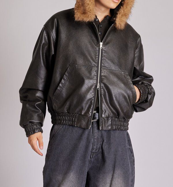  「【2way/ファー取り外し可能】ヴィンテージライクレザーファーフードブルゾン」|ブルゾン・スタジャン|