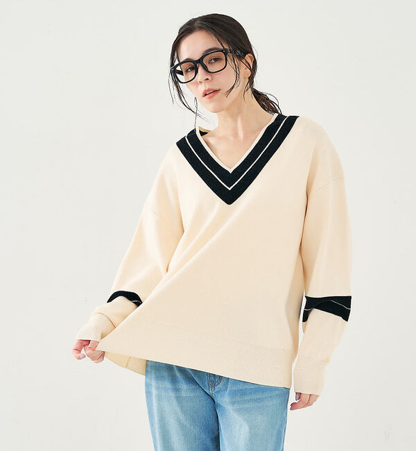 collex「配色ラインVネックニットプルオーバー」|ニット・セーター|