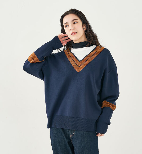 collex「配色ラインVネックニットプルオーバー」|ニット・セーター|