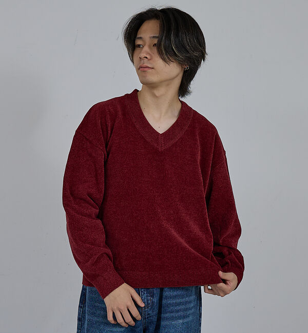 ABAHOUSE「【AH ABAHOUSE】ハイゲージモール クロップド Vネックニット」|ニット・セーター|ワイン