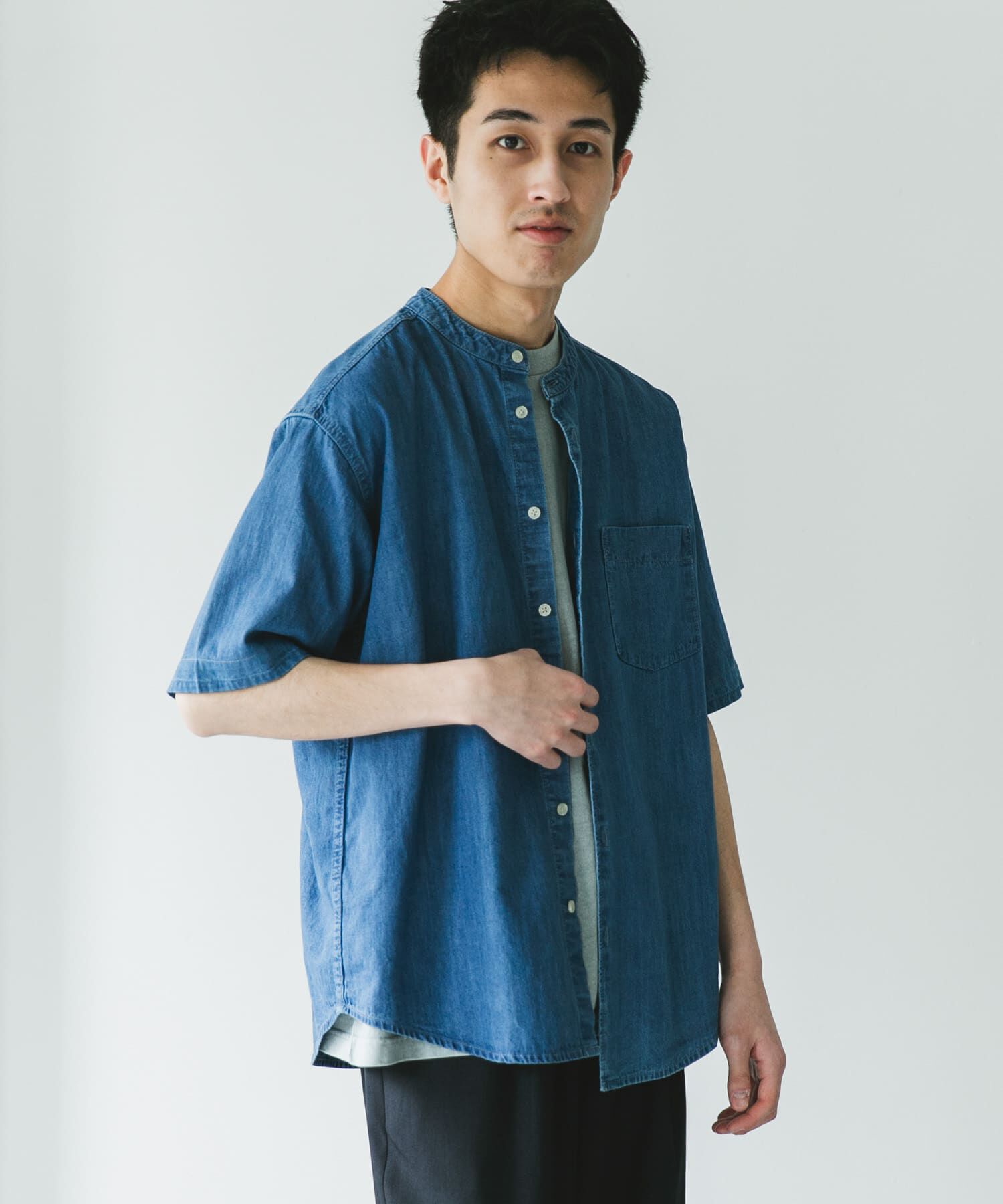URBAN RESEARCH DOORS「リネン混 デニムバンドショートスリーブシャツ」|シャツ・ブラウス|