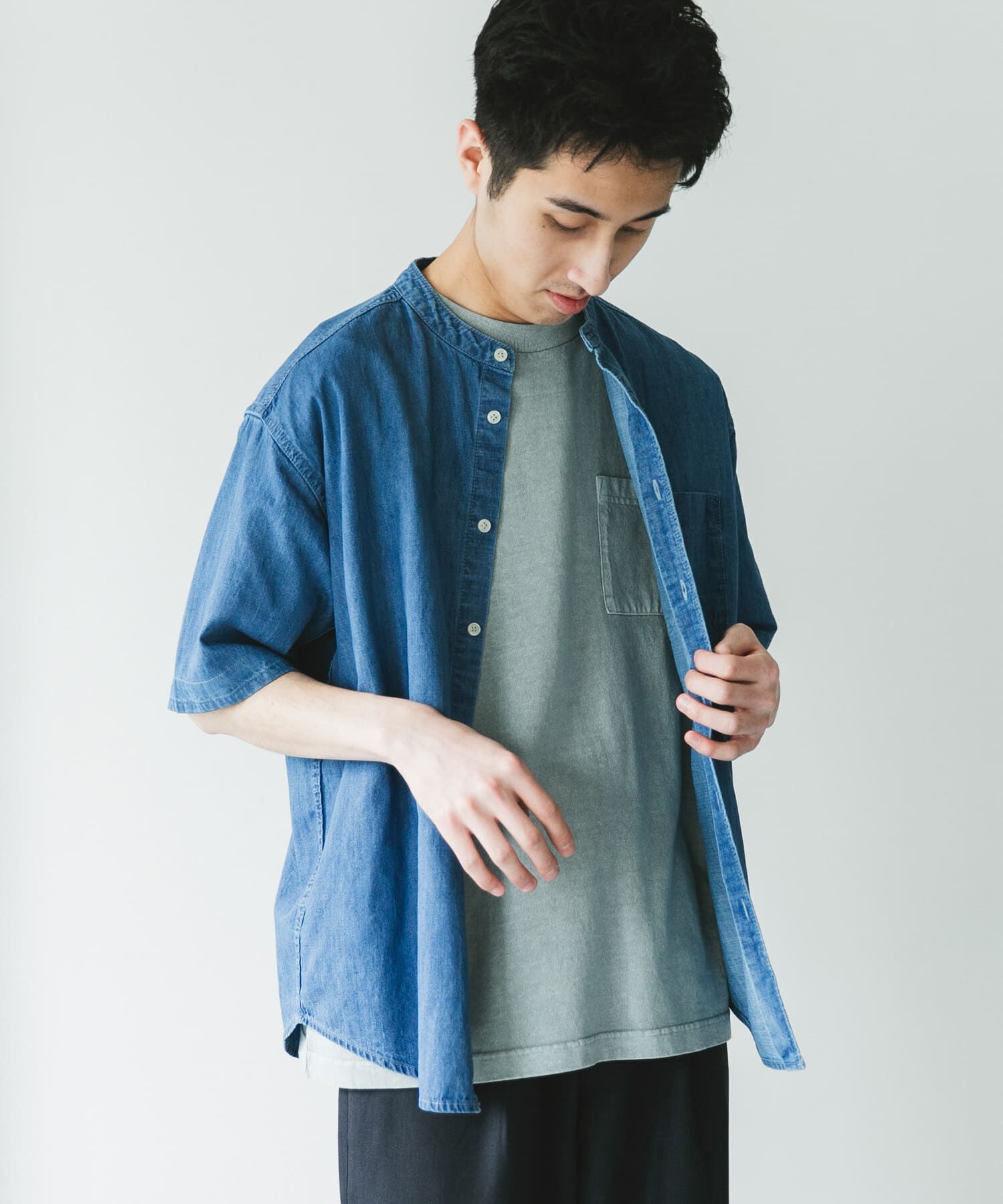 URBAN RESEARCH DOORS「リネン混 デニムバンドショートスリーブシャツ」|シャツ・ブラウス|