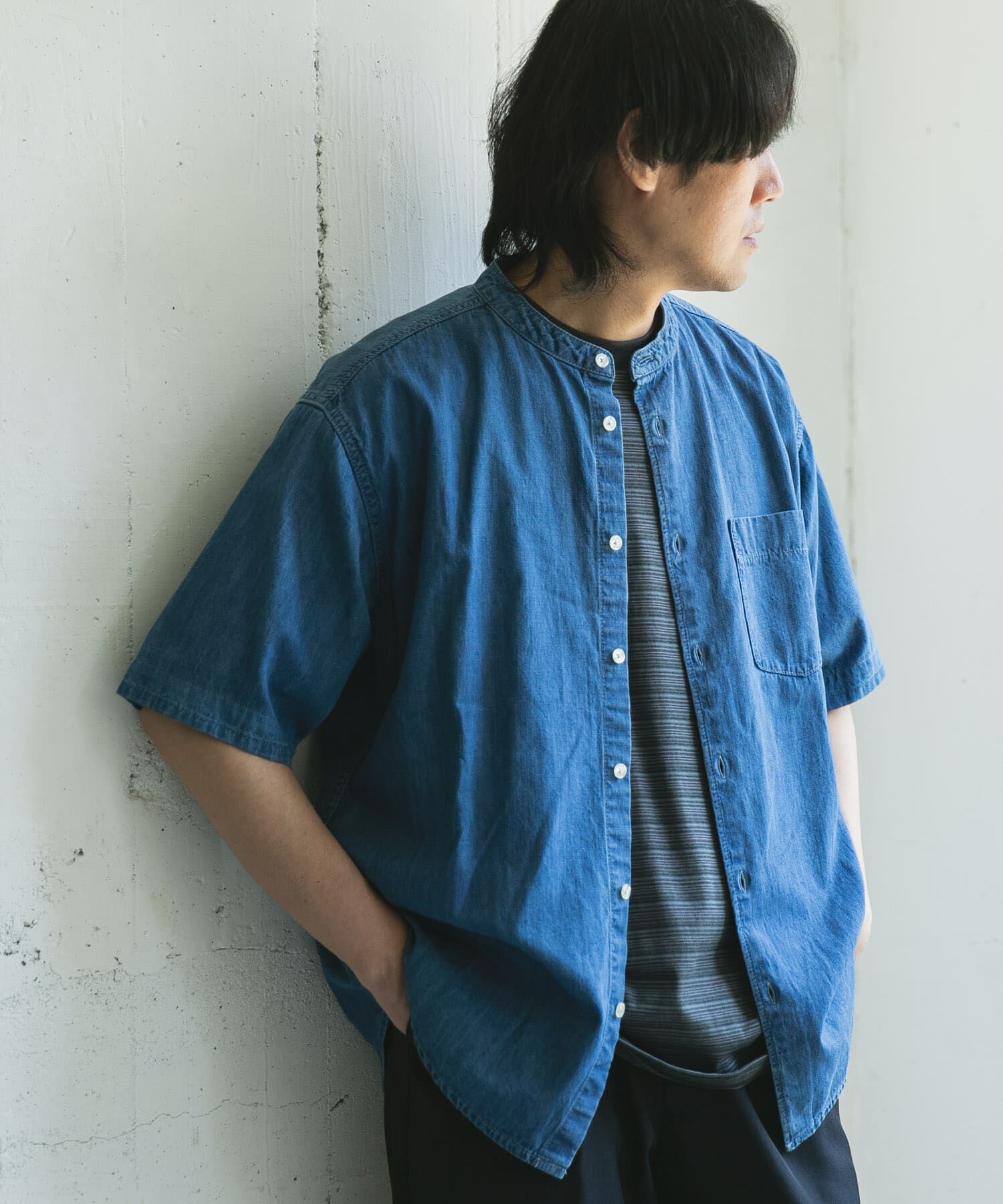 URBAN RESEARCH DOORS「リネン混 デニムバンドショートスリーブシャツ」|シャツ・ブラウス|