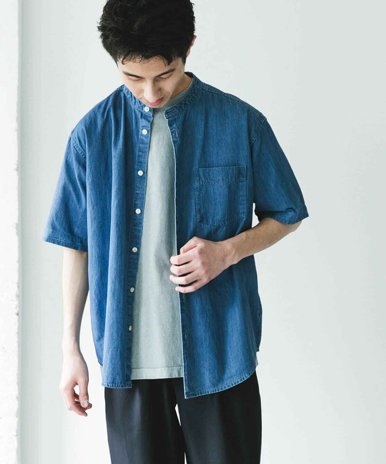 URBAN RESEARCH DOORS「リネン混 デニムバンドショートスリーブシャツ」|シャツ・ブラウス|