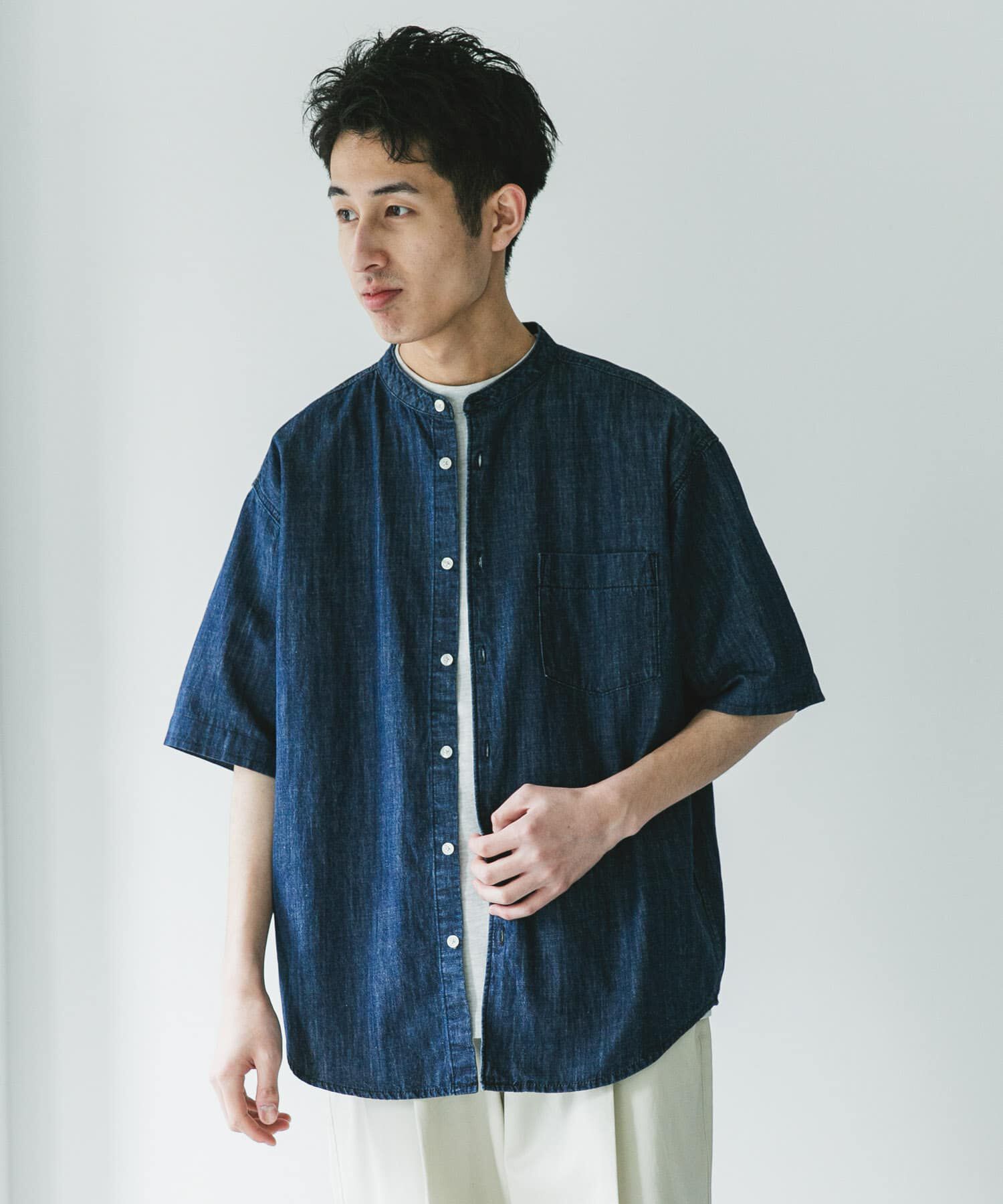 URBAN RESEARCH DOORS「リネン混 デニムバンドショートスリーブシャツ」|シャツ・ブラウス|