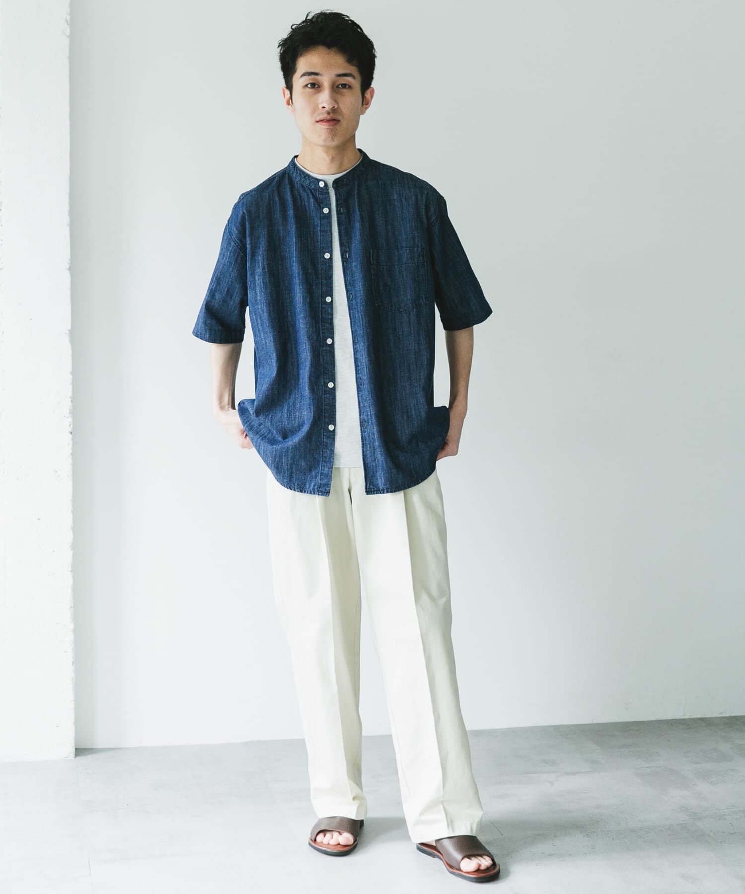 URBAN RESEARCH DOORS「リネン混 デニムバンドショートスリーブシャツ」|シャツ・ブラウス|