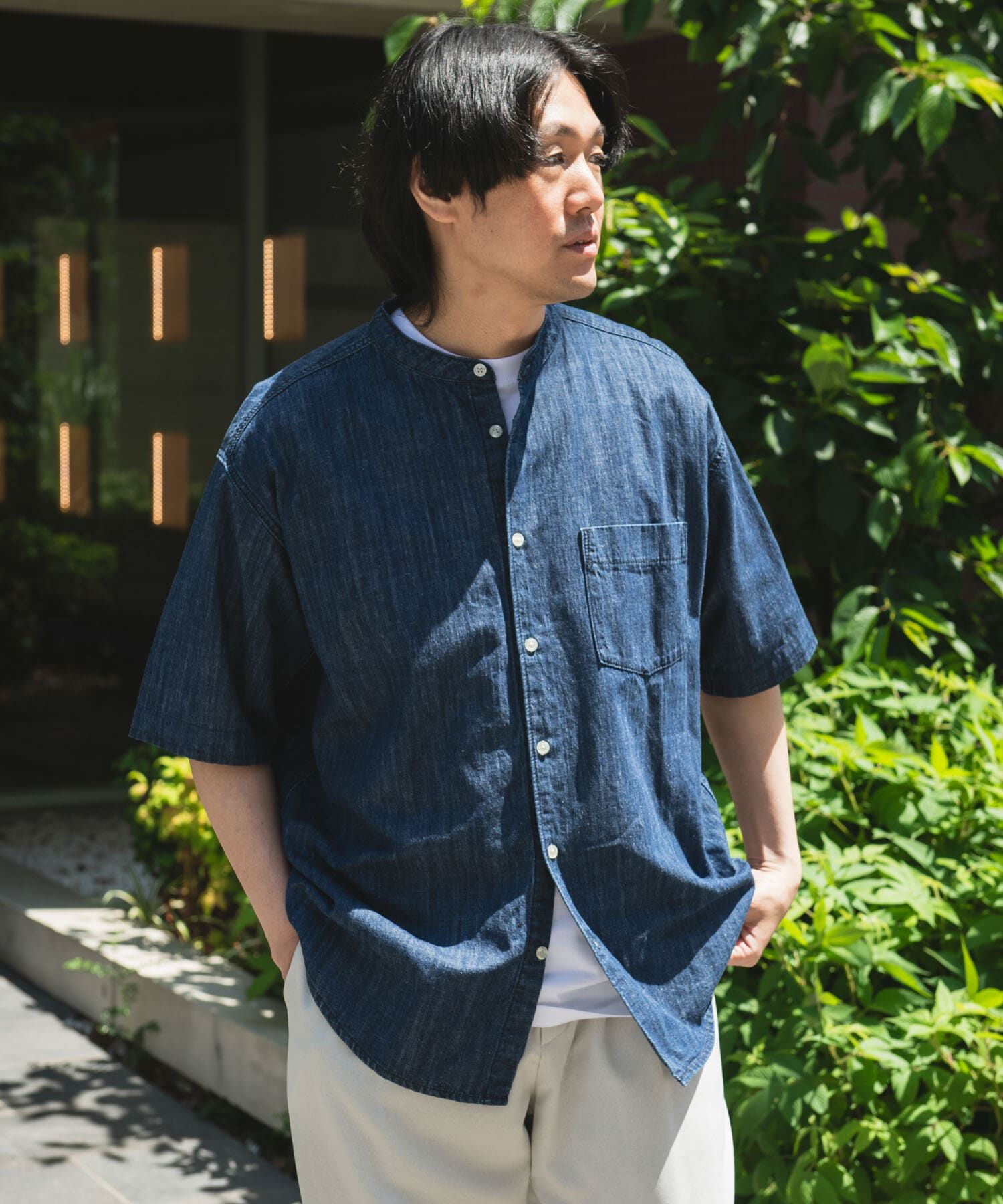 URBAN RESEARCH DOORS「リネン混 デニムバンドショートスリーブシャツ」|シャツ・ブラウス|