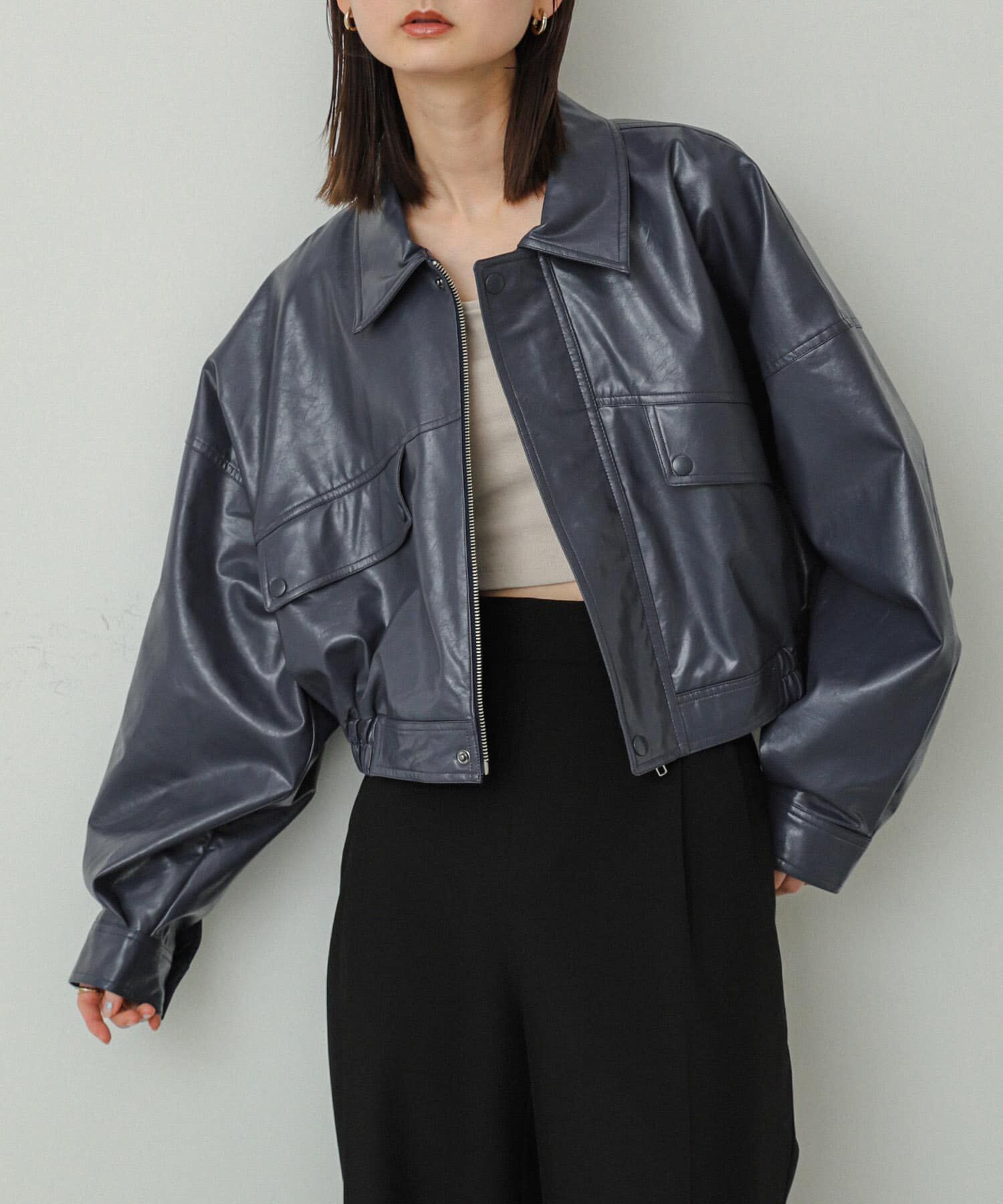 SENSE OF PLACE by URBAN RESEARCH「クロップドレザーライクブルゾン」|ブルゾン・スタジャン|ネイビー