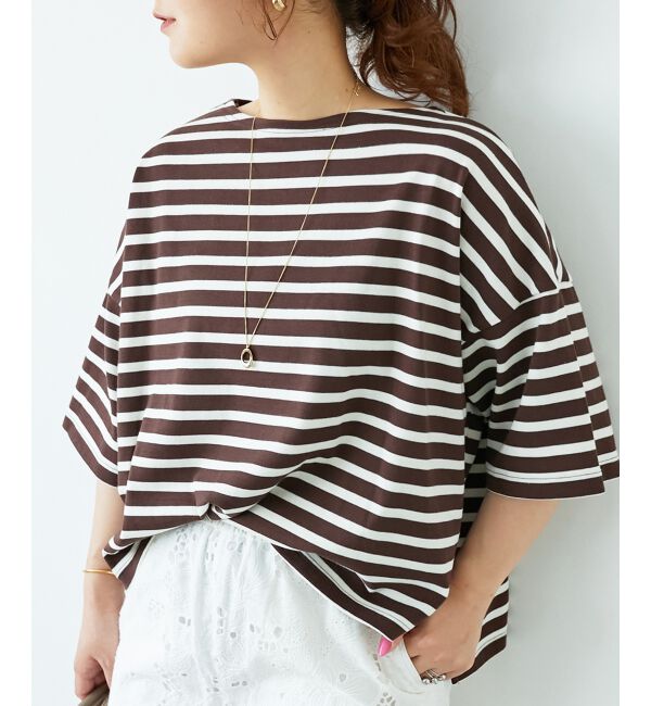  「《手洗い可能》ボーダー5分袖ワイドプルオーバー」|プルオーバー|ブラウン柄