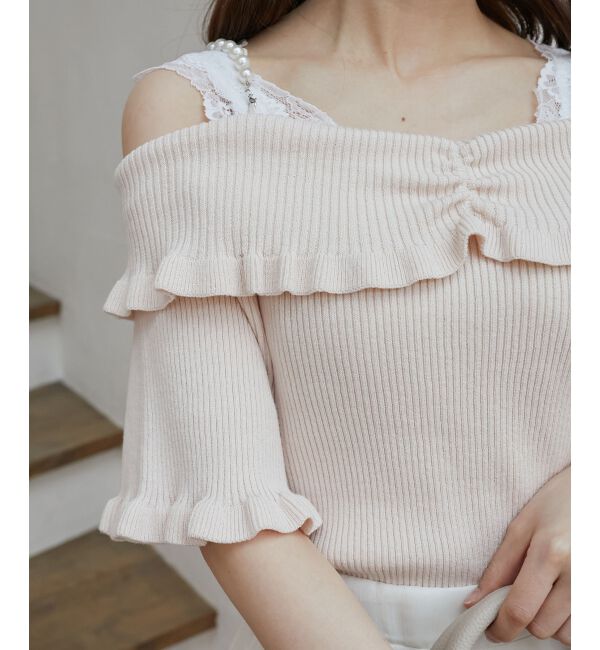  「パールチェーンオフショルフリルニット」|ニット・セーター|