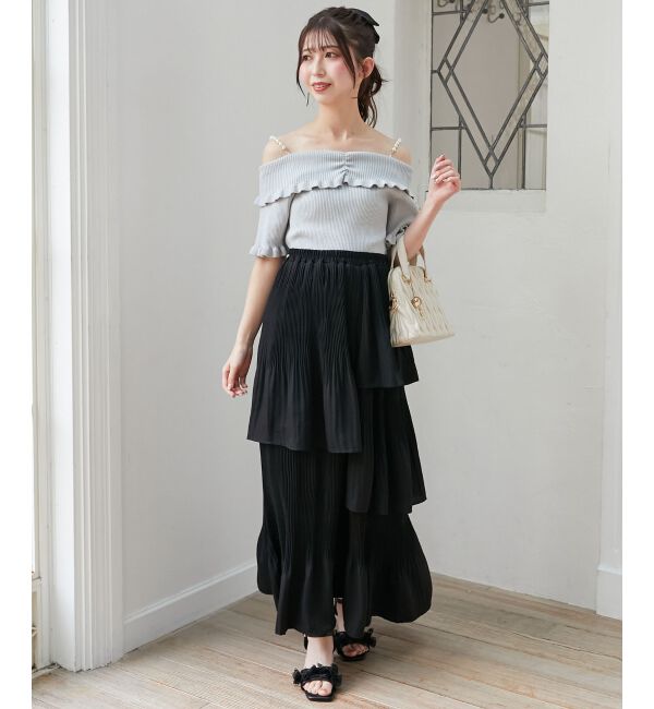  「パールチェーンオフショルフリルニット」|ニット・セーター|