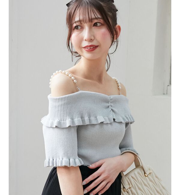  「パールチェーンオフショルフリルニット」|ニット・セーター|