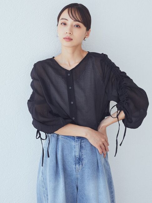 earth music&ecology「キラキラシアーギャザーシャツ」|シャツ・ブラウス|Black