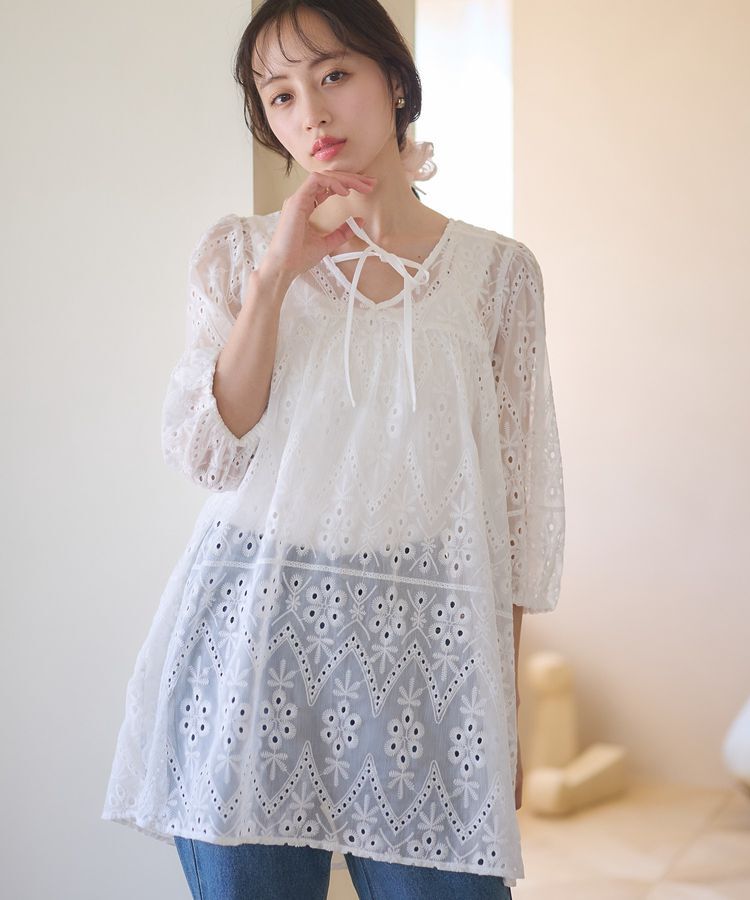 earth music&ecology「パフスリーブ楊柳刺繍チュニック」|チュニック|White