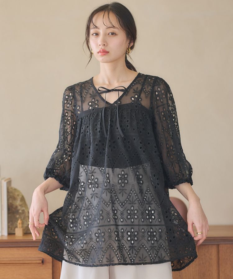 earth music&ecology「パフスリーブ楊柳刺繍チュニック」|チュニック|