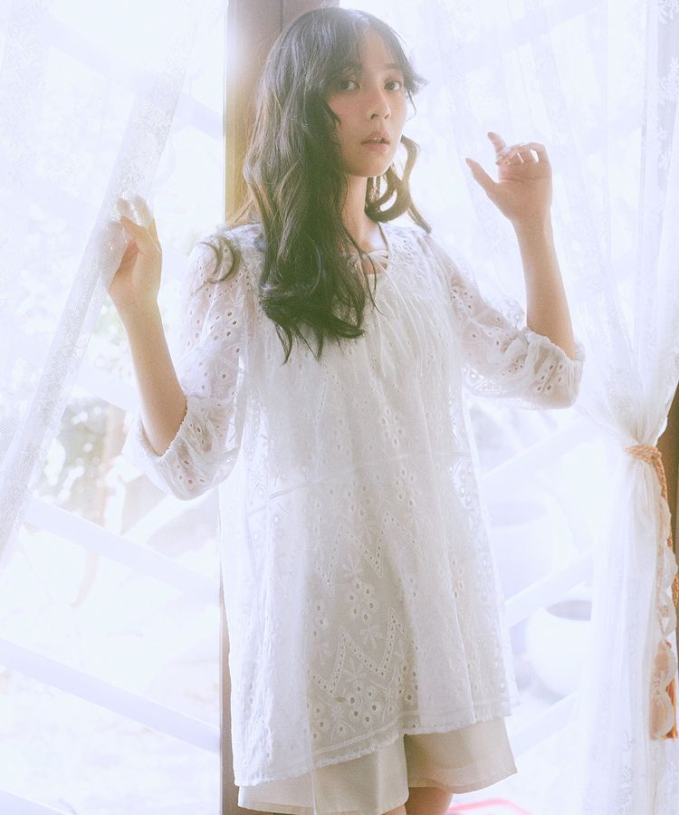 earth music&ecology「パフスリーブ楊柳刺繍チュニック」|チュニック|